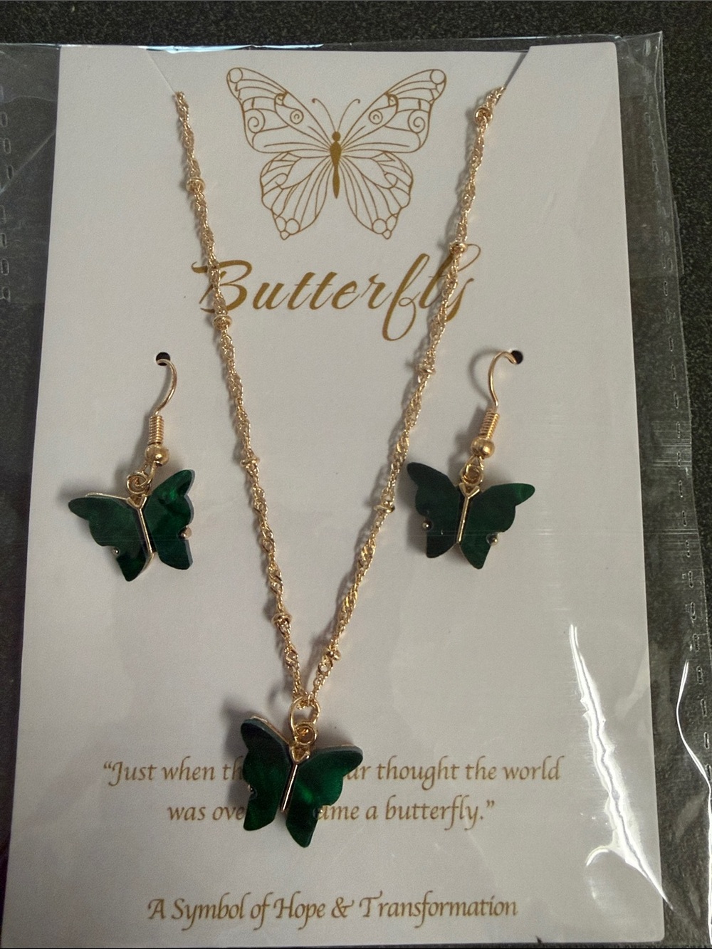 Gold-Tone Green Butterfly Necklace and Earring Set